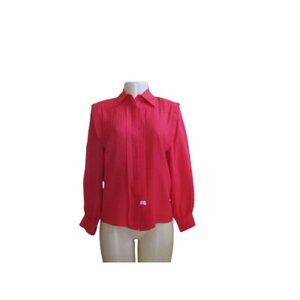 Vintage Oleg Cassini Red Textured Silk Button-Up Shirt Size 4 Long Sleeve Collar